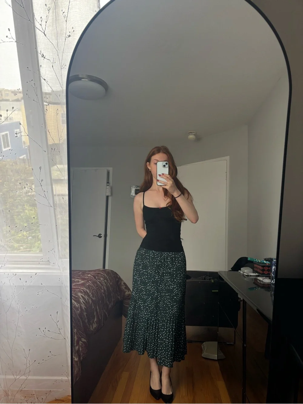 Polka Dot Pleated Midi Skirt - Dark Green